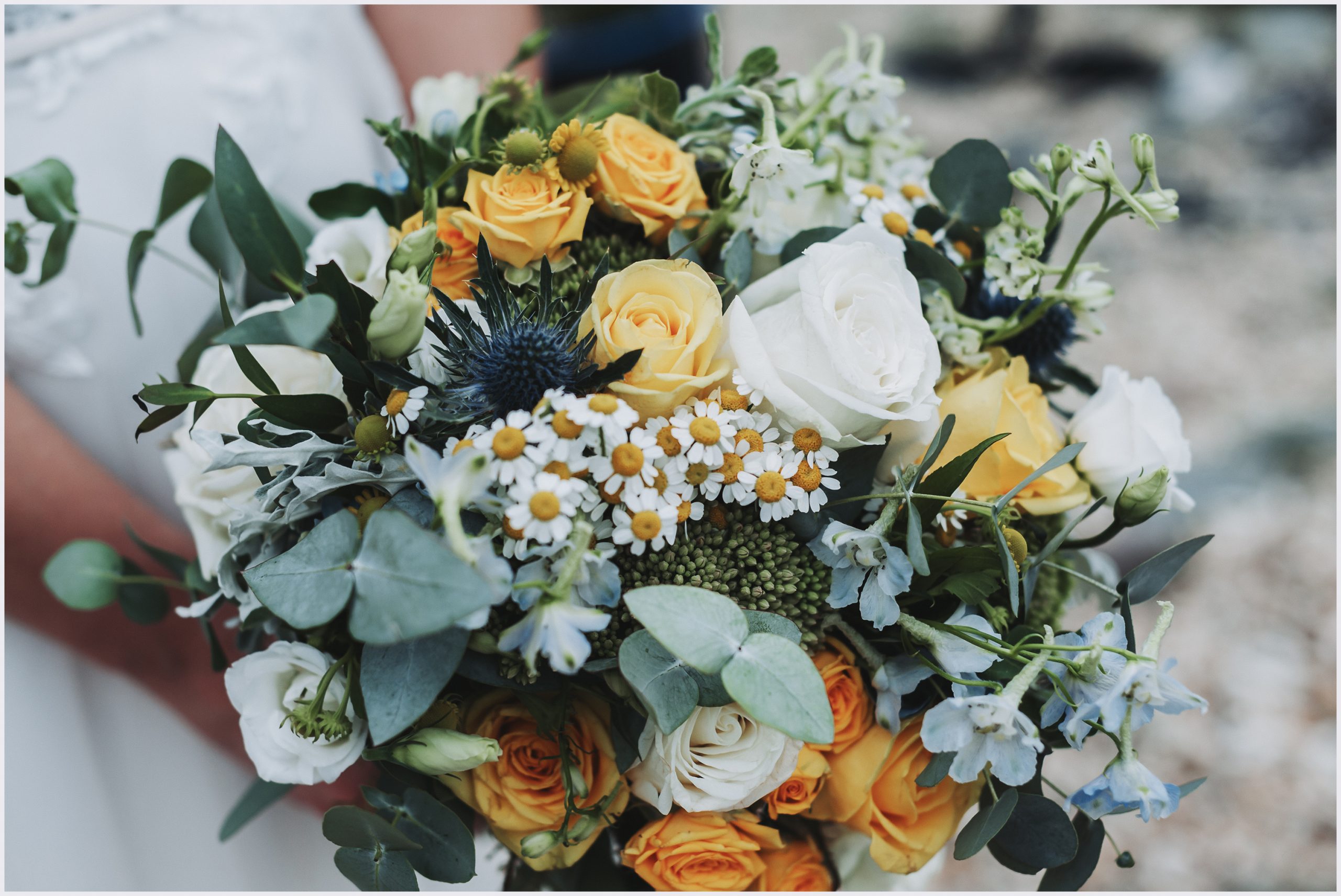 Elegant bridal bouquet made up of white and yellow roses, daisies and thistles.  Image captured by Helena Jayne Photography a north Wales based wedding photographer