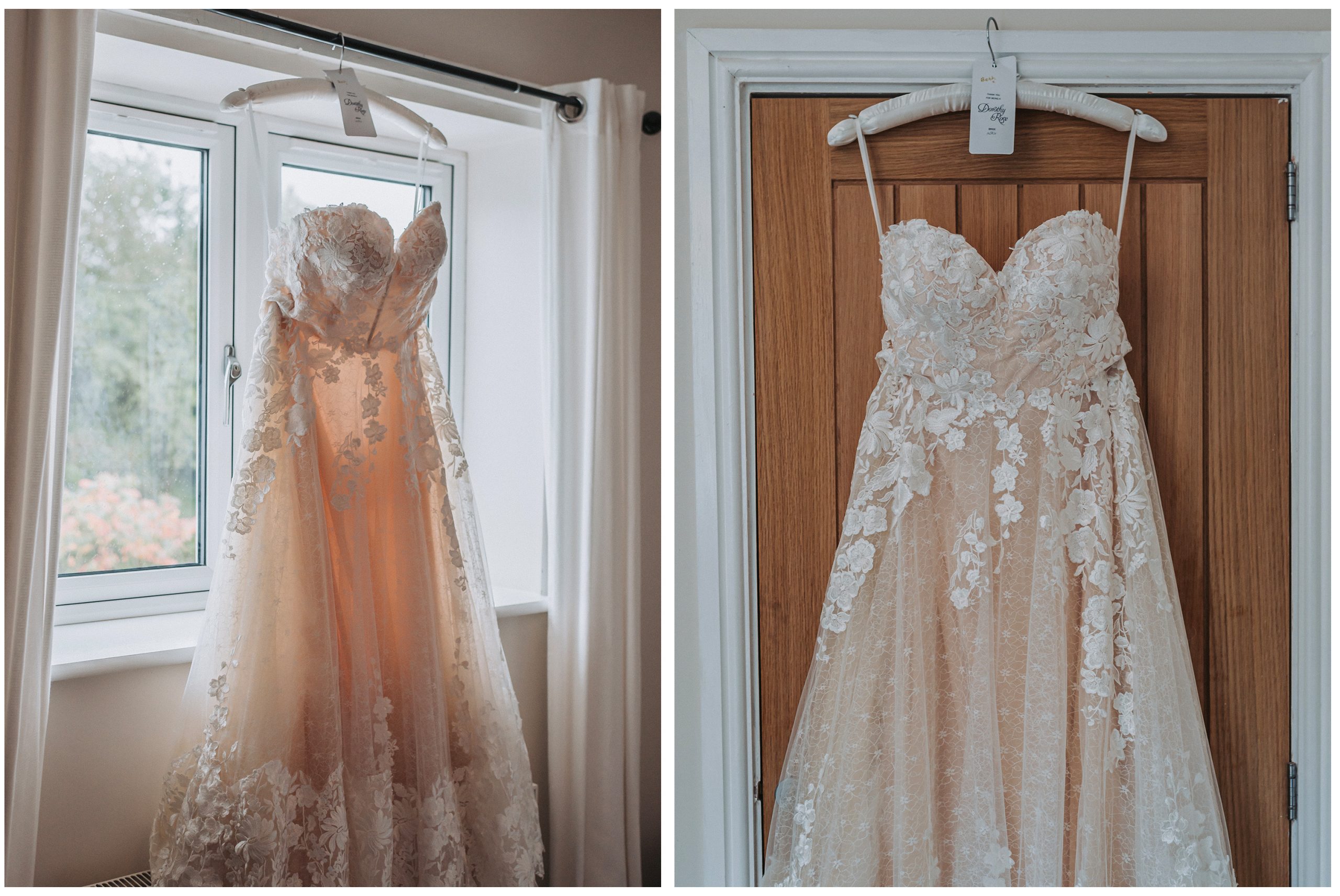 Showing two shots of a bride's beautiful wedding dress.  Image captured by North Wales based wedding photographer Helena Jayne Photography