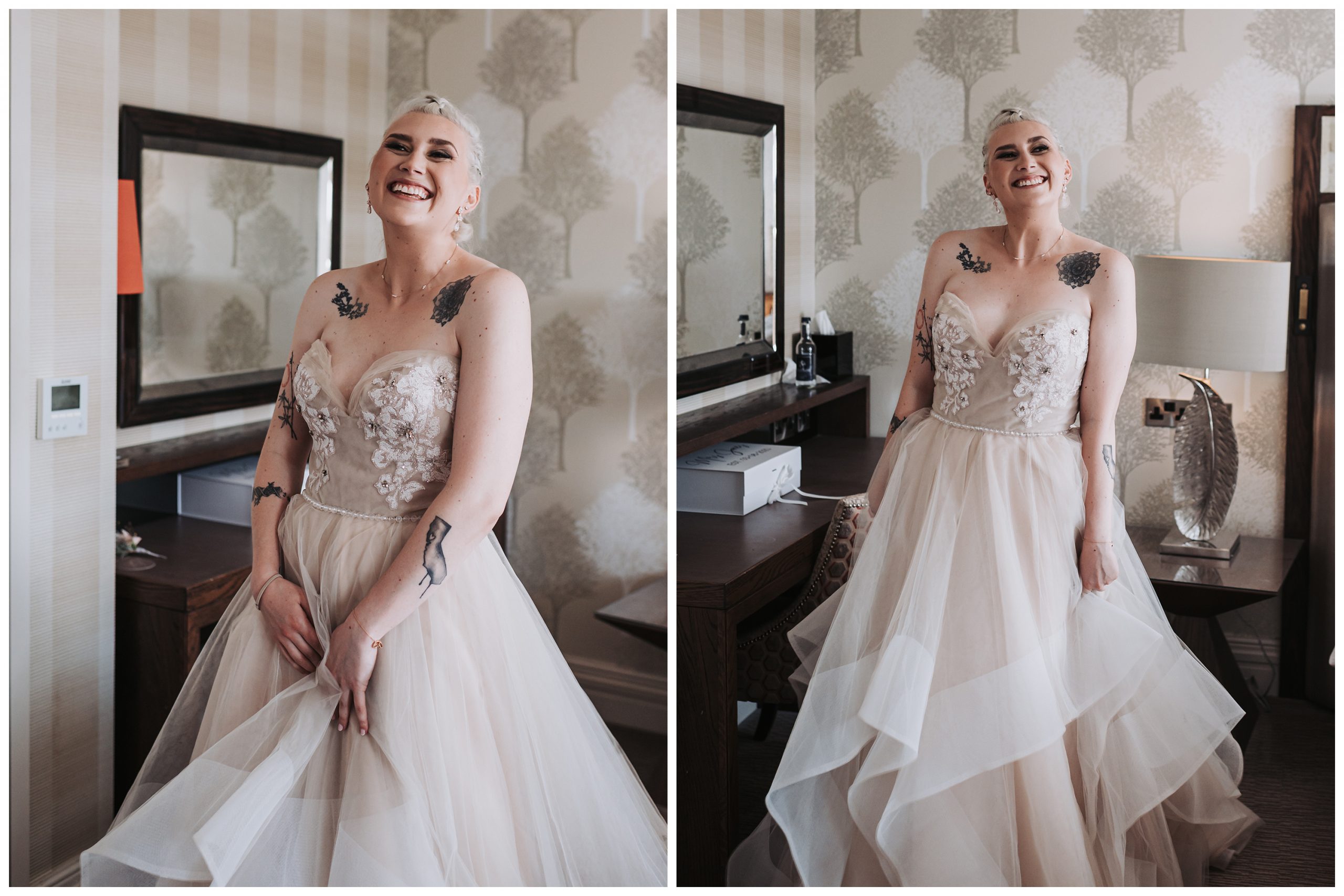 A bride striking smiling poses in her wedding dress on the morning of her wedding.  Image captured by helena Jayne Photography, Grosvenor Pulford Hotel and Spa wedding photographer