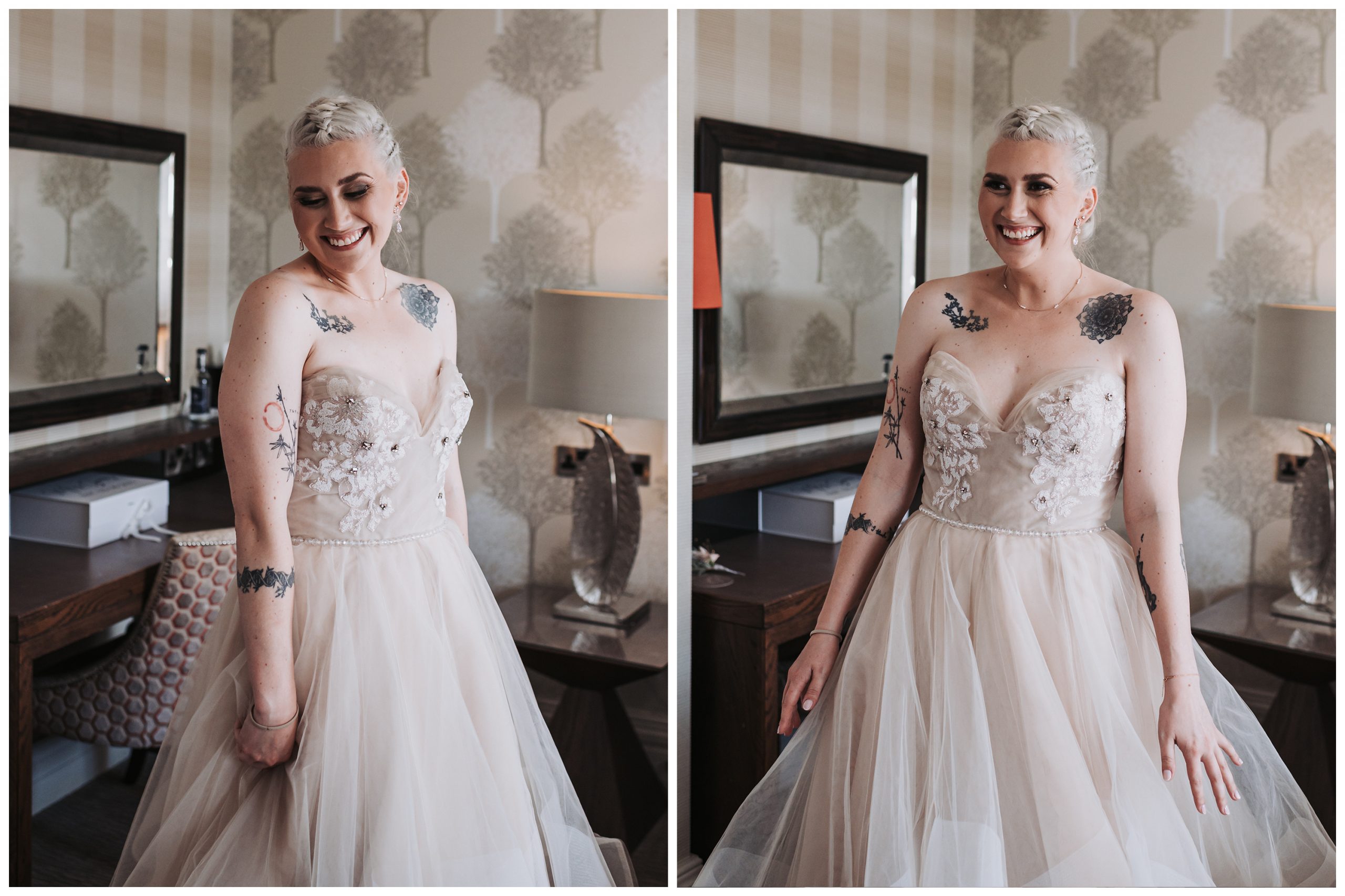 A bride wearing her beautiful wedding dress strikes smiling poses full of happiness in her dressing room on the morning of her wedding.