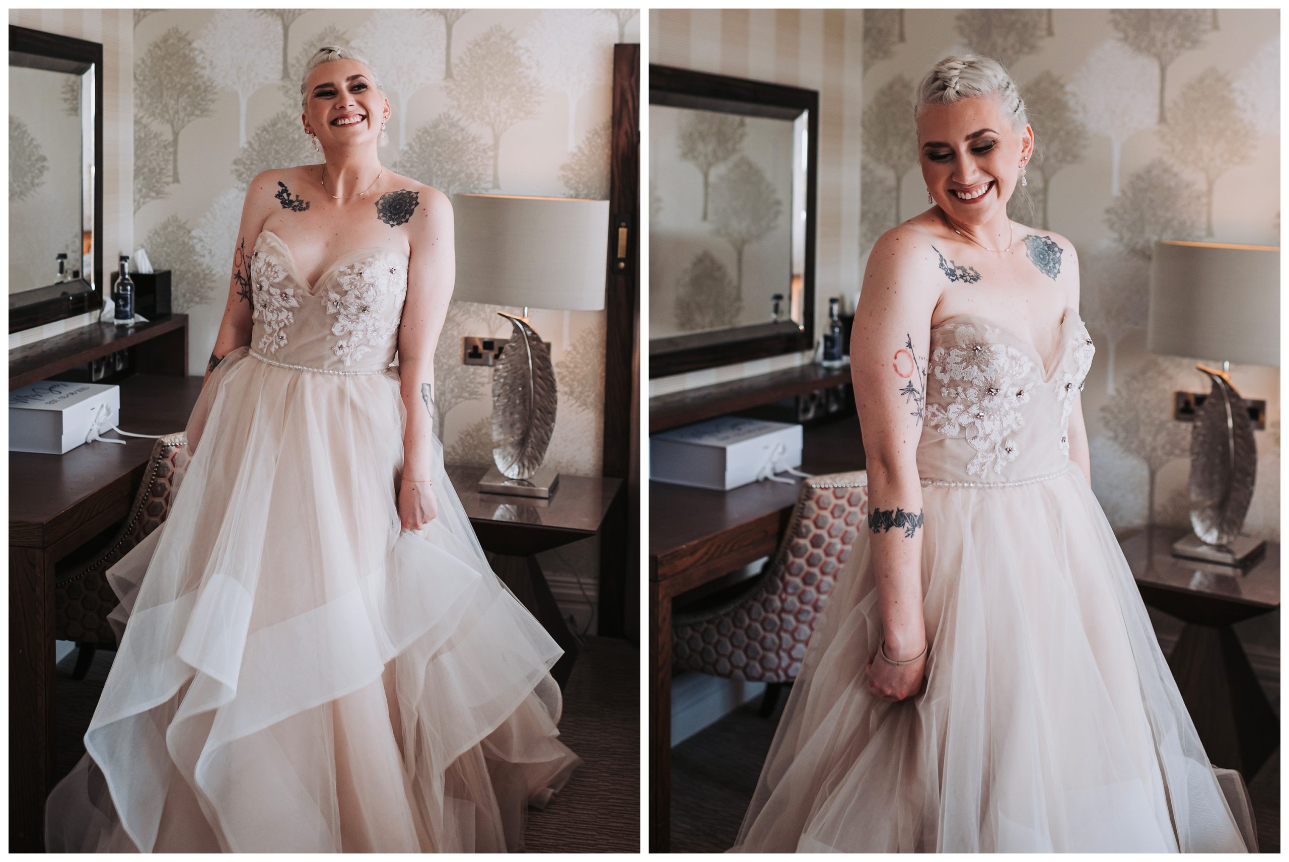 A beautiful bride strikes poses in her wedding dress during the morning preparations of her wedding day at The Grosvenor Pulford Hotel and Spa.  Image captured by Cheshire wedding photographer Helena Jayne Photography